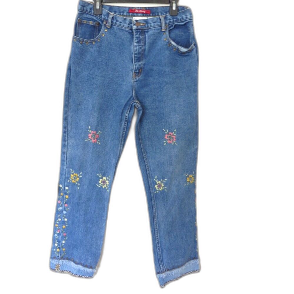 Vtg 90s Bill Blass  Women's Brittany Embroidered Floral Jeans 12 Y2K Whimsigoth